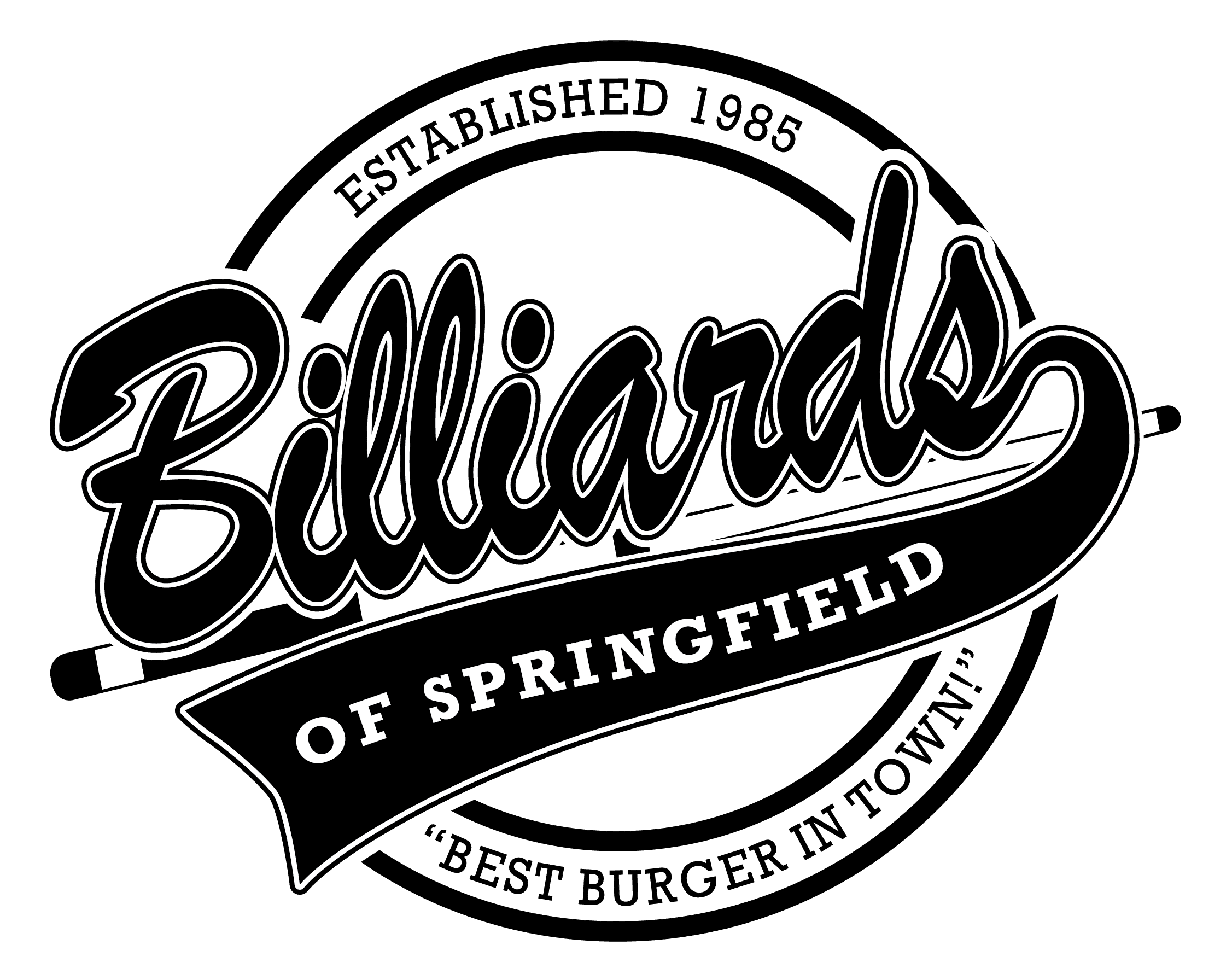 Billiards of Springfield Logo Taglines "Established 1985" and "Best Burger In Town"